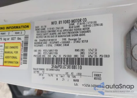 2018 Ford Fusion Hybrid Se z USA, uszkodzony, nr VIN 3FA6P0LU7JR188110